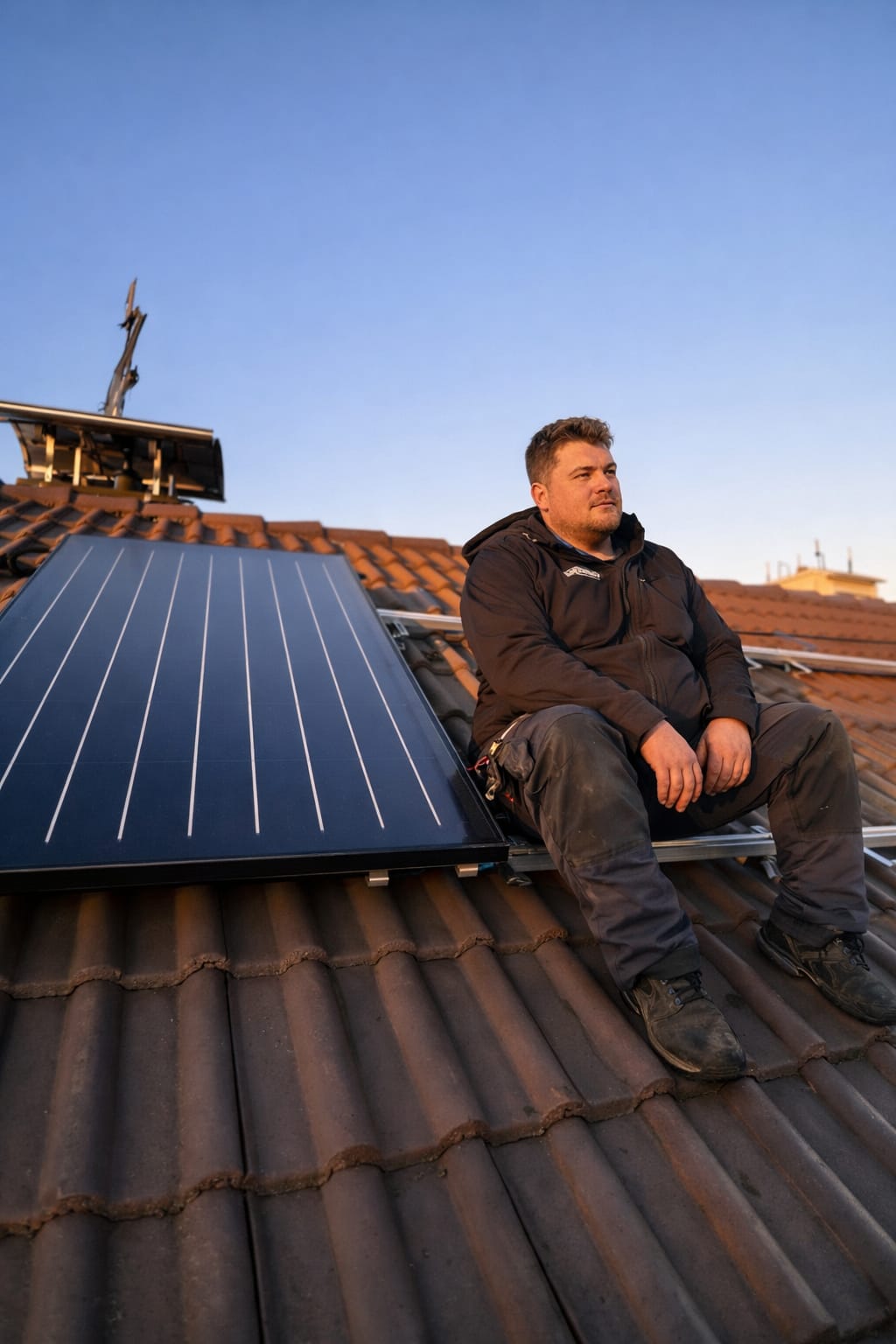 Michael Weiß auf einem Dach neben einer Solarthermianlage
